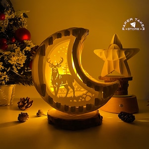 Modèle pop-up cerf, lune pop-up SVG pour projets Cricut, découpe de papier 3D en forme de tranche de boîte à lumière, lumière de nuit lune bricolage