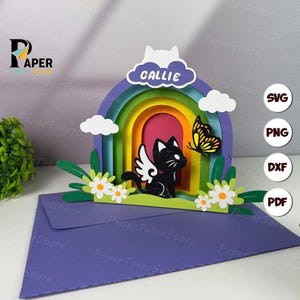 Modèle svg carte commémorative personnalisée chat, papercut 3d, lanterne en papier carte, svg de lanterne en papier coupe fichier pour cricut, conception florale de bougie chauffe-plat