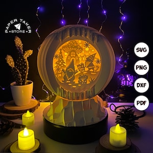 Modèle pop-up gnome de Noël, globe pop-up SVG pour projets Cricut, forme de tranche de boîte à lumière papercut 3D, veilleuse globe bricolage
