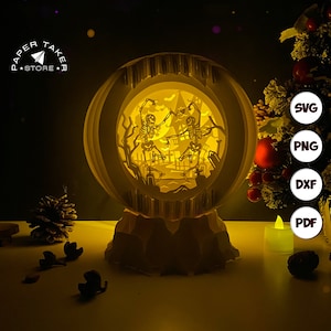 Skeletons Dancing Pop-Up Template, Globe Pop-Up SVG for Cricut Projects, 3D Papercut Light Box Sliceform, DIY Globe Night Light