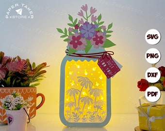 Firefly Garden Floral Mason Jar Box SVG for Cricut Projects, 3D Papercut Light Box Sliceform, DIY Floral Mason Jar Box Night Light
