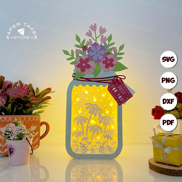 Firefly Garden Floral Mason Jar Box SVG for Cricut Projects, 3D Papercut Light Box Sliceform, DIY Floral Mason Jar Box Night Light