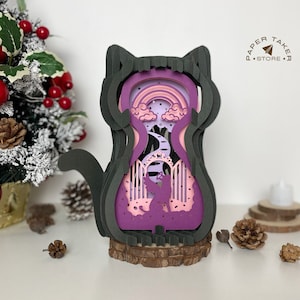 Modèle pop-up commémoratif chat, chat pop-up SVG pour projets Cricut, découpe de papier 3D en forme de tranche de boîte à lumière, lumière de nuit chat bricolage