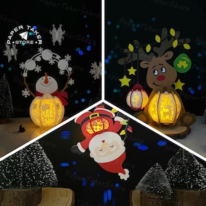 Pacchetto 3 Lanterna di Natale Lanterna modello SVG, Animale 3D cartaceo tagliato, Lanterna di carta di Natale, file di taglio SVG per lanterna di carta per Cricut