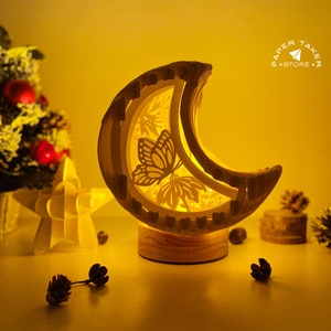 Modèle papillon pop-up, lune pop-up SVG pour projets Cricut, découpe de papier 3D en forme de tranche de boîte à lumière, bricolage lune veilleuse