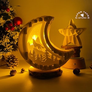 Modèle pop-up loup, lune pop-up SVG pour projets Cricut, découpe de papier 3D en forme de tranche de boîte à lumière, lumière de nuit lune bricolage