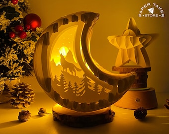 Wolf Pop-Up Template, Moon Pop-Up SVG for Cricut Projects, 3D Papercut Light Box Sliceform, DIY Moon Night Light