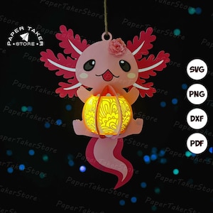 Laterne Pink Axolotl Laterne svg vorlage, Sommer 3d papierschnitt, Tier Papierlaterne, Papierlaterne svg schnitt Datei für Cricut