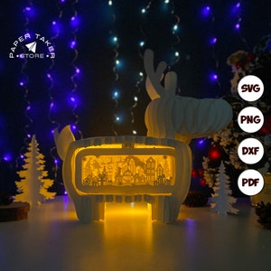 Merry Christmas Pop-Up Template, Reindeer Pop-Up SVG for Cricut Projects, 3D Papercut Light Box Sliceform, DIY Reindeer Night Light