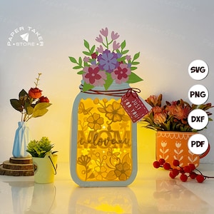 Love you mom Love Floral Mason Jar Box SVG for Cricut Projects, 3D Papercut Light Box Sliceform, DIY Floral Mason Jar Box Night Light