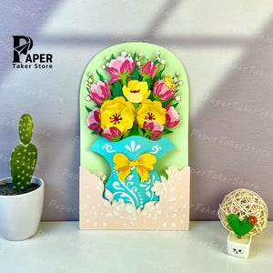Modèle svg fleur vase carte pop-up, papier découpé 3D, lanterne en papier fleur, lanterne en papier svg coupe fichier pour cricut, bougie chauffe-plat floral design 2