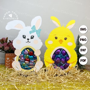 Lot de 2 boîte de bonbons de Pâques lapin SVG pour projets Cricut, boîte cadeau de Pâques en forme de tranche de boîte lumineuse 3D, boîte de bonbons bricolage veilleuse