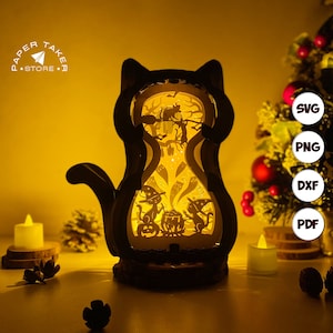 Modèle pop-up chat sorcière, chat pop-up SVG pour projets Cricut, boîte à lumière en forme de tranche papercut 3D, lumière de nuit chat bricolage