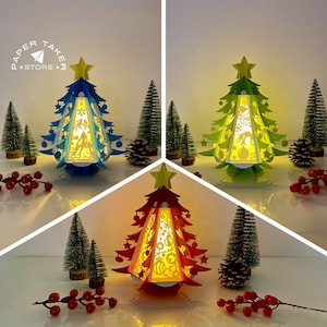 Confezione da 3 lanterne di Natale a forma di pino in formato SVG per progetti Cricut, scatola luminosa in carta tagliata 3D Sliceform, luce notturna fai da te a forma di pino a forma di lanterna 2
