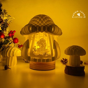 Modèle svg écureuil pop-up, champignon écureuil pop-up svg pour projets cricut, caisson lumineux en papier découpé, sphère pop-up DIY