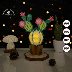 Modello di lanterna di cactus in formato SVG, modello di carta 3D estiva ritagliata, lanterna di carta con piante, file di taglio SVG per lanterna di carta per Cricut, design floreale per lumino.
