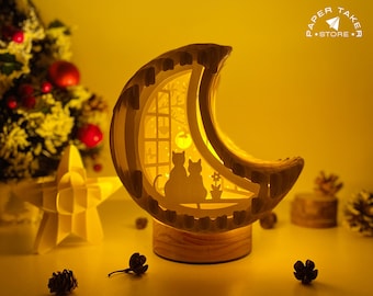 Cat Couple Pop-Up Template, Moon Pop-Up SVG for Cricut Projects, 3D Papercut Light Box Sliceform, DIY Moon Night Light