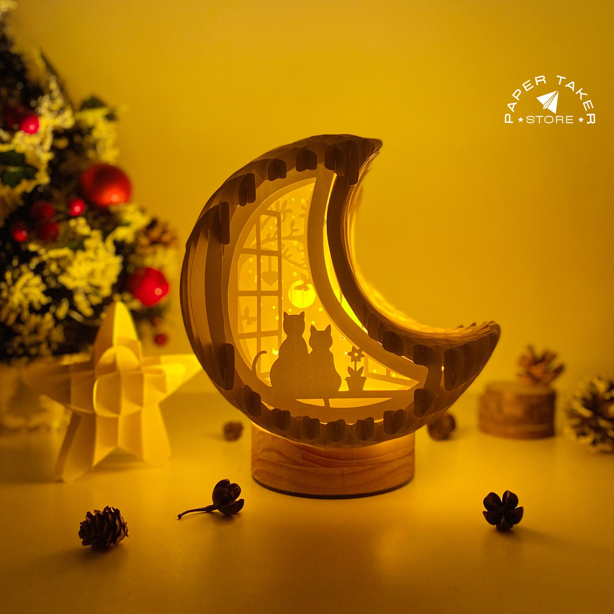 Cat Couple Pop-Up Template, Moon Pop-Up SVG for Cricut Projects, 3D Papercut Light Box Sliceform, DIY Moon Night Light