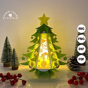 Lanterna di Natale a forma di pino in formato SVG per progetti Cricut, Light Box in carta tagliata 3D Sliceform, Lanterna notturna a forma di pino fai da te 2