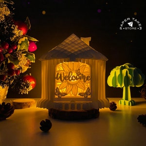Modèle pop-up de bienvenue, maison pop-up SVG pour projets Cricut, forme de tranche de boîte à lumière papercut 3D, veilleuse de maison bricolage