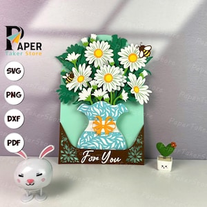 Plantilla SVG emergente de tarjeta de margarita con florero, corte de papel 3D, linterna de papel con flores, archivo de corte SVG de linterna de papel para Cricut, diseño de velas de té florales