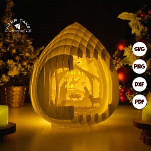 Modèle pop-up de crèche de Noël, SVG pop-up gouttelettes pour projets Cricut, découpe de papier 3D en forme de tranche de boîte à lumière, veilleuse bricolage gouttelettes