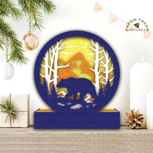 Modèle svg ours dans la forêt, cercle ours pop-up svg pour projets cricut, caisson lumineux découpé en papier, sphère pop-up bricolage