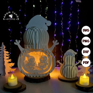 Modèle pop-up Noël 1, bonhomme de neige pop-up SVG pour projets Cricut, découpe de papier 3D en forme de tranche de boîte à lumière, veilleuse bricolage bonhomme de neige