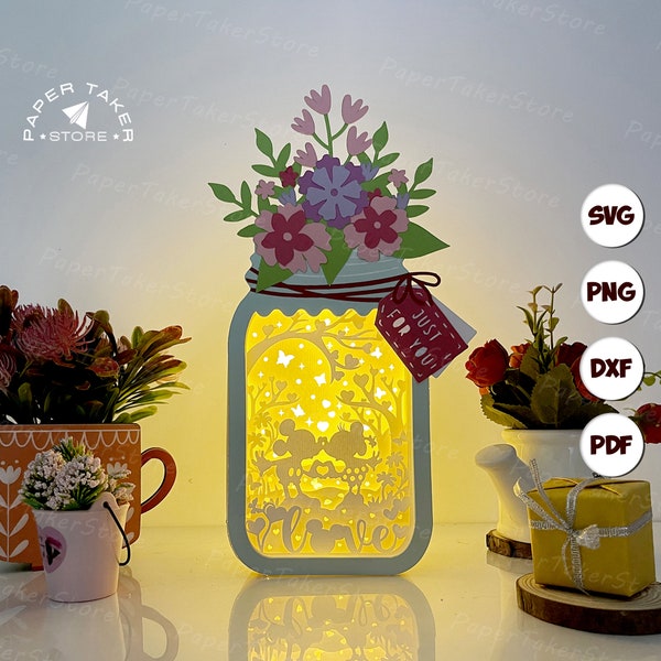 Mickey Love Floral Mason Jar Box SVG for Cricut Projects, 3D Papercut Light Box Sliceform, DIY Floral Mason Jar Box Night Light