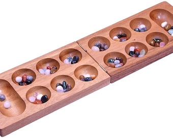 Kalaha Gemstone Game for 2 Players - Playing Field 14 x 49 cm - Hus - Bao - with Gemstones