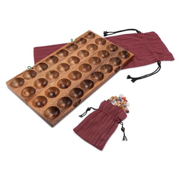 Hus game – for 2 players – Bao – Kalaha – with gems and cloth bag