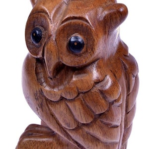 Könnte beinhalten: Eine handgeschnitzte Eulenfigur aus Holz mit polierter mittelbrauner Oberfläche und sichtbarer Holzmaserung. Die Eule hat zwei große, runde, tiefschwarze Augen und detaillierte Federgravuren an den Flügeln und der Brust in sitzender Haltung.