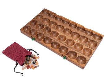 Hus für 2 Spieler - Spielfeld 25 x 44 cm - Bao - Kalaha - Mancala - Steinchenspiel - Edelsteinspiel aus Samena-Holz inkl. Edelsteinen