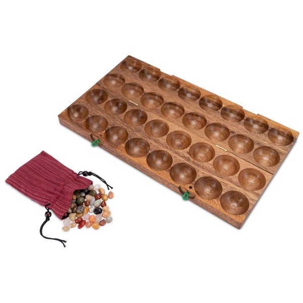 Hus for 2 players - playing field 25 x 44 cm - Bao - Kalaha - Mancala - stone game - gemstone game made of Samena wood including gemstones