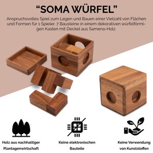 Cubos Soma tamaño L - 9 cm de longitud de arista - Puzzle 3D - Juego de rompecabezas en caja de madera