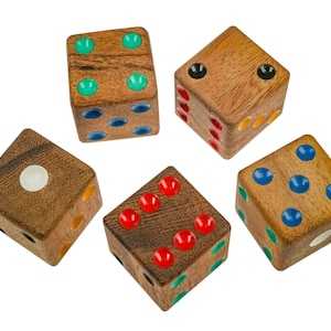 5 dice in a set - dice 4 cm edge length made of wood with colored dots
