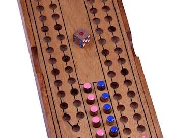 May include: A wooden game board with a track for playing a game. The board has a red and blue die in the centre and pink and blue pegs on the sides.