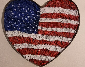American Flag Concreted Fabric Heart Wall Hanging "United We Stand"