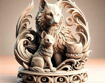 May include: A detailed sculpture of two foxes, one adult and one cub, carved from a light-colored material. The foxes are surrounded by ornate, swirling designs, and the sculpture sits on a decorative base. A small cup is also included.