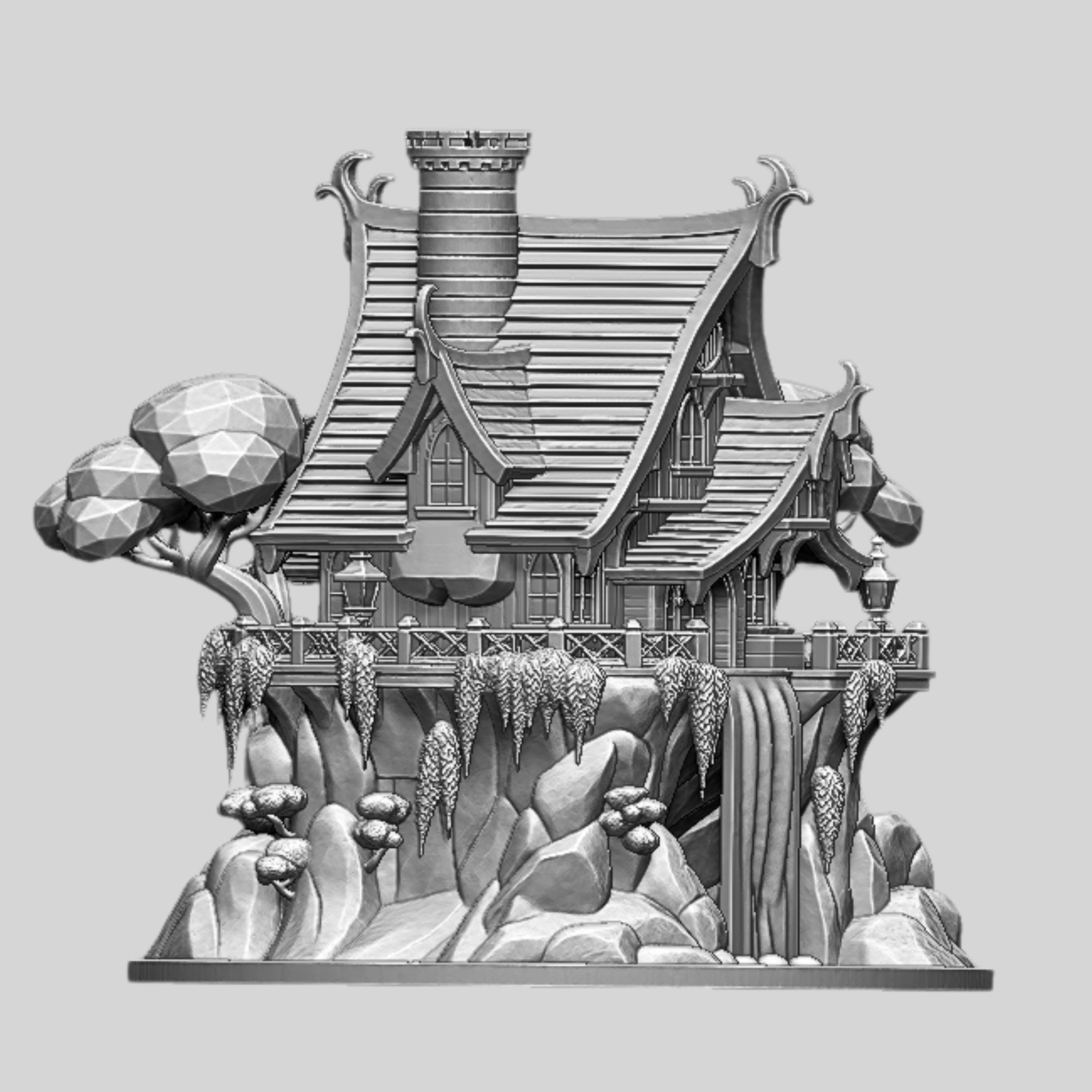 Cliffside Waterfall House 3D Model STL | Glowing River Elven Fantasy ...