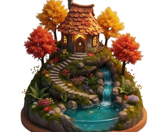 Könnte beinhalten: Eine Miniatur-Feenhaus-Szene mit einem Steinhäuschen, einer geschwungenen Steintreppe und einem kleinen Wasserfall, der in einen Teich fließt. Die Szene ist von bunten Herbstbäumen und leuchtenden Blumen umgeben, was eine skurrile Darstellung ergibt.