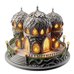 Puede incluir: Una detallada estructura de fantasía gris con tres torres abovedadas, cada una adornada con patrones en forma de hojas. Las ventanas brillan con luz cálida, y la base presenta una pasarela de piedra, escaleras y lámparas decorativas. Las enredaderas verdes añaden un toque natural.