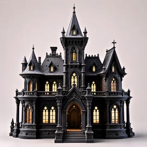 以下が含まれることがあります： 複雑なゴシック建築、複数の尖った塔、アーチ型の窓が特徴のダークグレーのミニチュアマンション。中央の入り口には階段があり、精巧な石造りのディテールと、窓から漏れる温かみのある黄色い光が表現されています。
