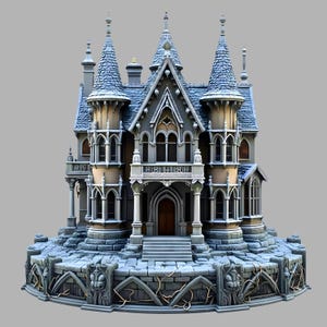 May include: A detailed miniature model of a gothic-style mansion. The structure features multiple turrets with pointed roofs, arched windows, and ornate detailing. The color palette includes shades of gray, beige, and blue, creating a vintage aesthetic.