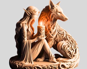 Elven Guardian Wolf Candle Holder STL – Fantasy Elf Statue for LED Candle Decor (Digital Download)