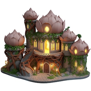 May include: A whimsical fairy castle with a stone facade, adorned with brown lotus-shaped turrets and lush green vines. The castle features arched windows with warm interior lighting, a winding staircase, and intricate root-like structures.