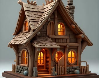 Könnte beinhalten: Ein detailliertes Miniaturhaus aus Holz mit Schindeldach, gewölbten Fenstern und einem Schornstein. Die Fenster leuchten mit warmem Licht und deuten auf einladende Innenräume hin. Das Haus steht auf einem braunen Sockel.