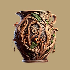 May include: A detailed brown vase with a nature-inspired design. The vase features stylized tree branches, leaves, and mushrooms in shades of brown, orange, and green. The vase has two handles and a detailed base. The vase is decorated with intricate carvings.
