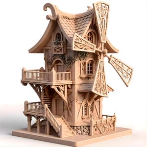 May include: A detailed wooden model of a whimsical house with a windmill. The house features multiple levels, balconies, and intricate carvings. The windmill has decorative blades. The entire structure is made of light-colored wood, showcasing the craftsmanship.