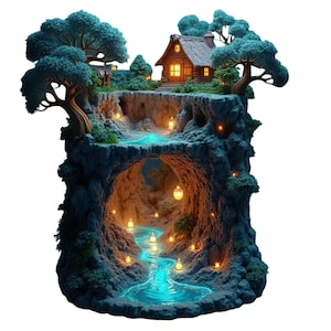 May include: A miniature fantasy landscape with a wooden cabin amongst trees on a rocky cliff. A glowing river flows through a cave, lit by hanging lanterns and soft light, creating a magical scene. The scene evokes a sense of wonder.
